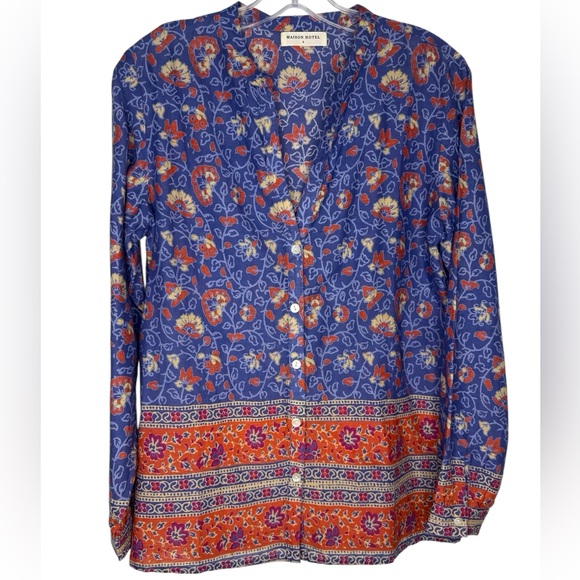 Maison Hotel Ziggy Floral Block Print Shirt Blue Orange Small - Picture 1 of 6